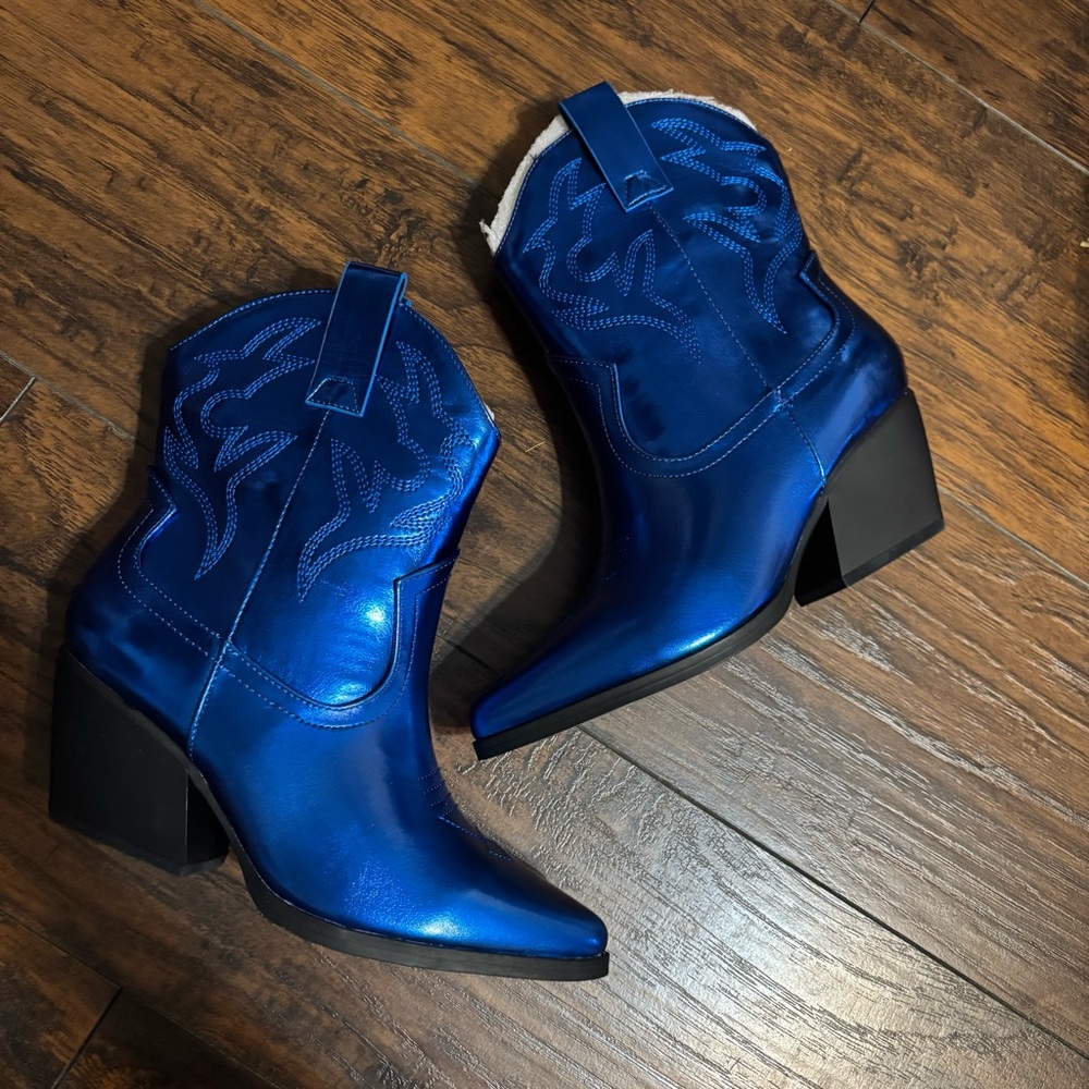 Soda | Metallic Blue Heeled Booties